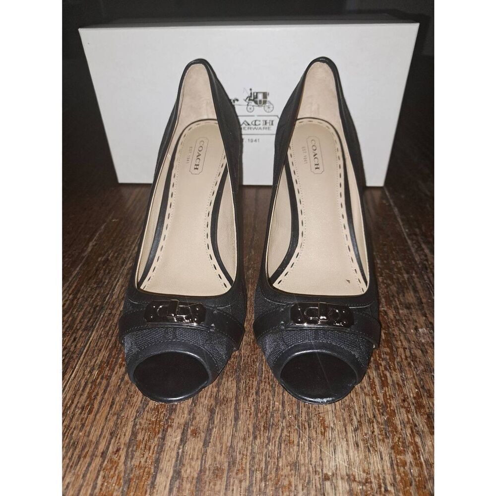 9.5B Coach Black Thea Wedge High Heel Peep Toe Signature Dress Shoes w Box - Picture 2 of 9
